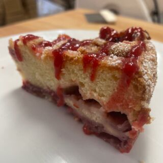 Available this weekend, 6/9-6/11 only! 
𝗙𝗿𝗲𝗻𝗰𝗵 𝗦𝘁𝗿𝗮𝘄𝗯𝗲𝗿𝗿𝘆 𝗖𝗮𝗸𝗲 (Slice) 

A Sour cream cake with strawberries, topped with a strawberry drizzle and dusted with powdered sugar. Sold by the slice.